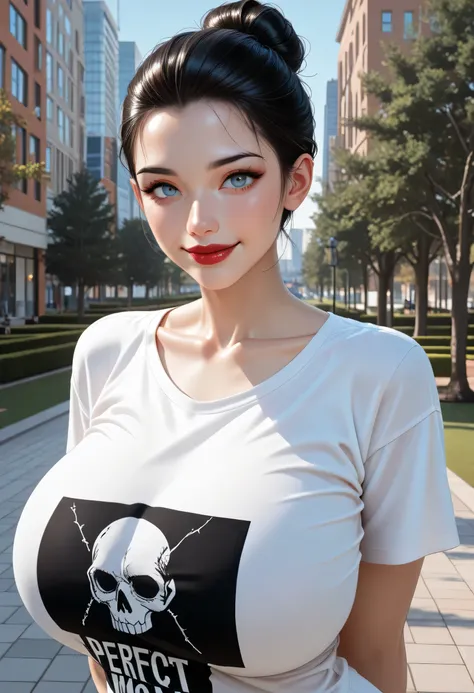 (Perfect Face, Perfect Body), Black Hair, (Hair Bun, Hair Up, Slicked Back Hair), (Forehead), Black Thin Eyebrows, Light Blue Eyes, Nose, Lips, Dark Red Lips, Big Smile, Collarbone, (Huge Breasts, Perfect Breasts), (Lonely Moon A Glimpse of Solitude T-Shir...