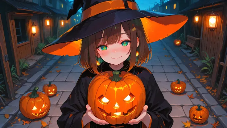 masterpiece, best quality, newest, absurdres, highres,
1girl, solo, short dark brown hair, ahoge, shiny green eyes, soft blush, soft smile, cheerful and relaxed expression,
wearing a cute halloween costume, pumpkin-themed outfit, orange and black color...