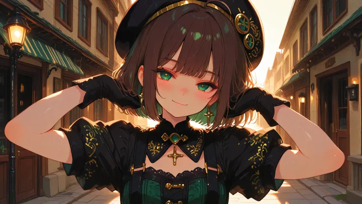 masterpiece, best quality, newest, absurdres, highres,
1girl, solo, short dark brown hair, ahoge, shiny green eyes, soft confident smile, cheerful and relaxed expression,
wearing retro electro swing inspired outfit, 1920s–1930s jazz era fashion with a ...