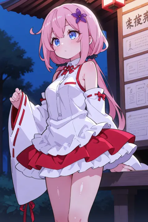shiny skin,cute,148cmOne girl,Shrine maiden,mini skirt,detachable sleeves,sleeveless,blue eyes,Babyface,small breasts,Flower Night ,Flower Night のプルーン,Highest Quality
、knee-length skirt with a large area for underwear、add a slit、sleeveless