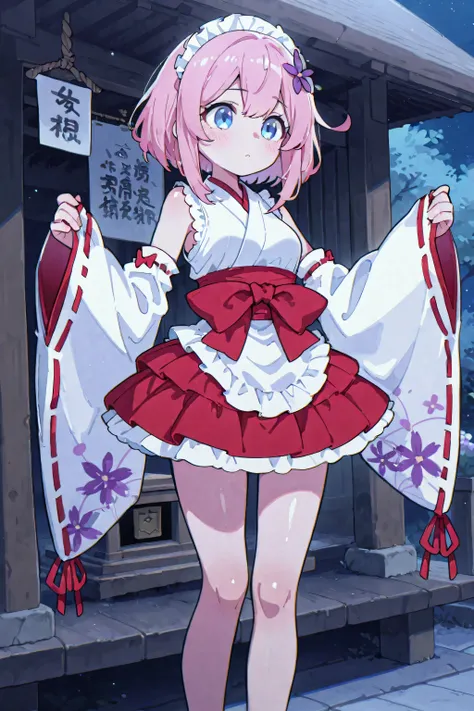 shiny skin,cute,148cmOne girl,Shrine maiden,mini skirt,detachable sleeves,sleeveless,blue eyes,Babyface,small breasts,Flower Night ,Flower Night のプルーン,Highest Quality
、knee-length skirt with a large area for underwear、add a slit、sleeveless