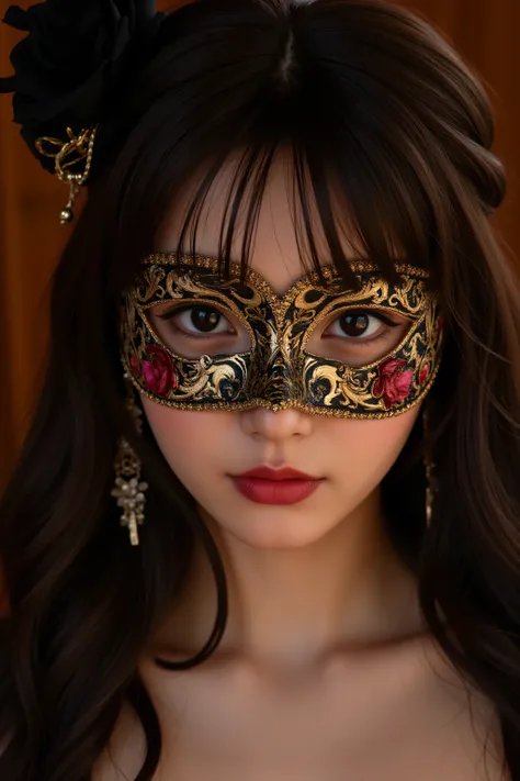 ( Highest Quality、 Greatest Masterpieces、8k、 Highest Image Quality、winning work、Surrealism)、美しいJapanese woman、Japanese woman、solo、( Big Exquisitely Decorated Perfect Venetian Mask :1.3)、(Naked with just a mask on:1.5)、(face close-up:1.1)、Soft cleavage、natu...