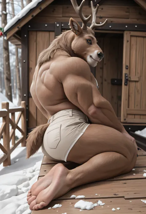 score _9, score _8_Up, score _7_Up, masterpiece, best quality, amazing quality, high quality, RAW photo, (Photorealistic Style), full body, (Perfectly Correct Anatomy). (furry), (1boy), (Huge Adult Male muscular bara Cervine Reindeer Doplh from Fortnite), ...