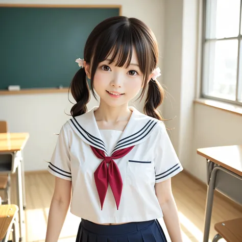 ( white skin:1.0),cute girl,かわいいyounger女の子,slender,short,skinny,slender,thin body,Toddler_body,younger,score_7_ up,score_8_ up,score_9,realistic,School Uniform,school classroom,small butts are not posing,Small breasted,sunlight,japanese,Smile Yang with her...