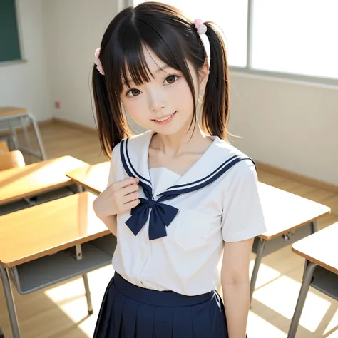 ( white skin:1.0),cute girl,かわいいyounger女の子,slender,short,skinny,slender,thin body,Toddler_body,younger,score_7_ up,score_8_ up,score_9,realistic,School Uniform,school classroom,small butts are not posing,Small breasted,sunlight,japanese,Smile Yang with her...