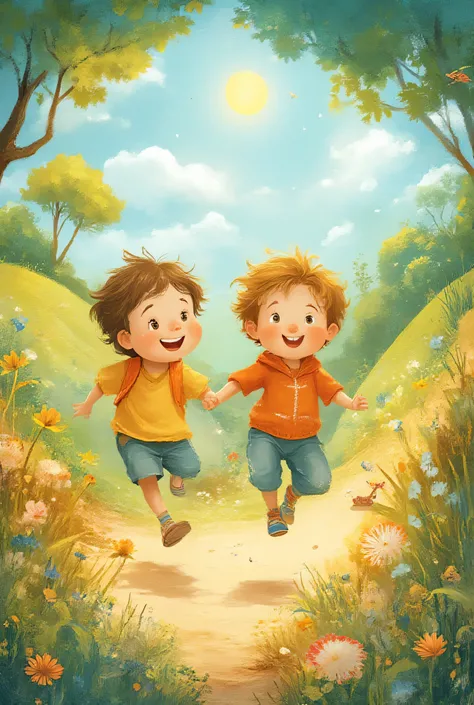 Storybook Illustration art style,children's book cover of two boys skipping hand in hand.