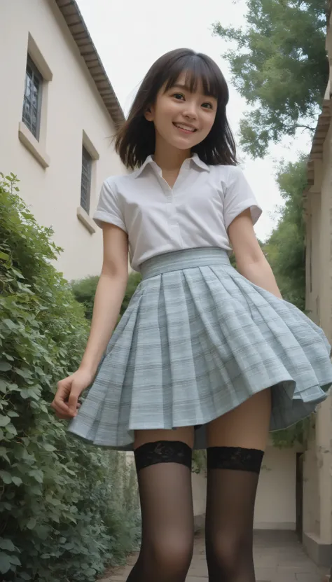 (1 cute girl),(big boobs:0.20),Look at the audience,(skinny:1.14),(smile:1.16),(younger:1.31),maids,from below,に付けたBlack Lace Stockings,(The wind is rolling up the girl's skirt:1.5),Black Lace Stockings
