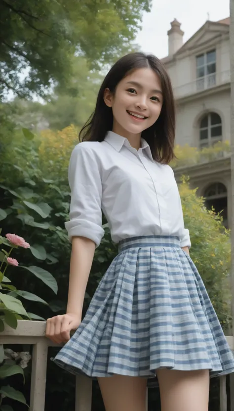 (1 cute girl),(big boobs:0.20),Look at the audience,(skinny:1.14),(smile:1.16),(younger:1.31),maids,from below,に付けたBlack Lace Stockings,(The wind is rolling up the girl's skirt:1.5),Black Lace Stockings