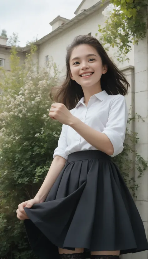 (1 cute girl),(big boobs:0.20),Look at the audience,(skinny:1.14),(smile:1.16),(younger:1.31),maids,from below,に付けたBlack Lace Stockings,(The wind is rolling up the girl's skirt:1.5),Black Lace Stockings