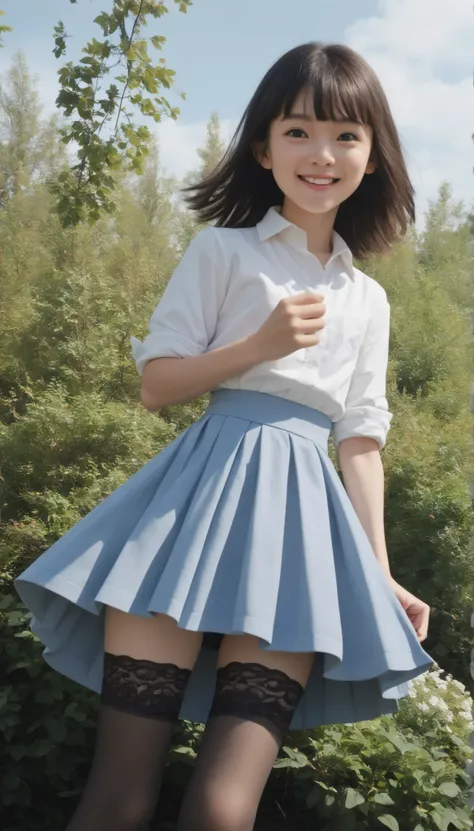 (1 cute girl),(big boobs:0.20),Look at the audience,(skinny:1.14),(smile:1.16),(younger:1.31),maids,from below,に付けたBlack Lace Stockings,(The wind is rolling up the girl's skirt:1.5),Black Lace Stockings