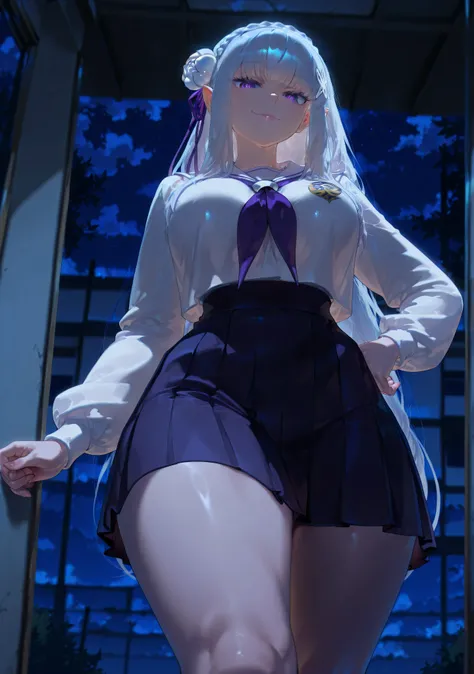 safe_pos, 1girl, Balecxi_Style, Emilia \(Re Zero)\, solo female, night time, indoor, high school, walking, swaying her hips seductive, big breasts, silver hair, long hair, purple eyes, curvy, thick thighs, long legs, high school uniform, short skirt, bare ...