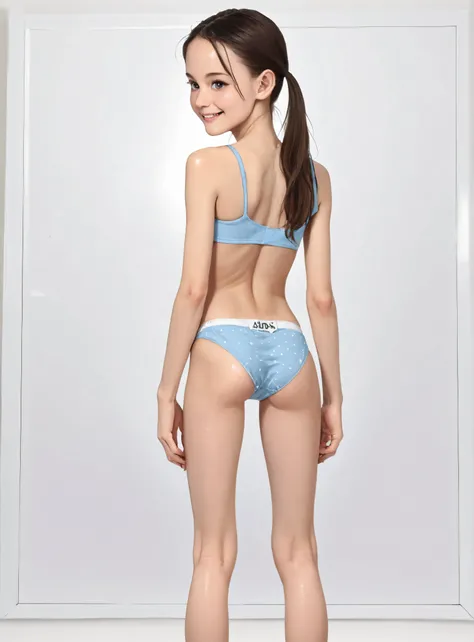 ショーツを着たyounger女の子が足を広げてポーズをとり、 Smiling at the viewer, from behind,(skinny:0.7),(younger:1.5),(ONE GIRL:1.5)