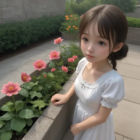 1 Girl、maids,Look at the audience,(skinny:0.41),(younger:1.49),from above,lean forward,(big boobs:0.72),is watering flowers outside the mansion,japanese,(Smile Yang with her hair wrapped around her neck:0.19),My left hand is touching my crotch