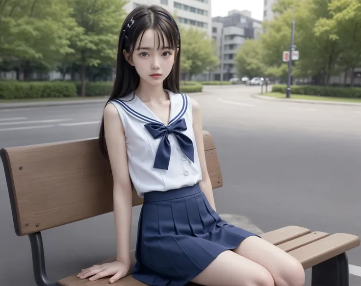 20 years old,cute girl,かわいいyounger女の子,slender,Skinny,short,skinny,slender body,Low body weight,younger,cute hairpins,sailor suit cosplay,Navy Blue Skirt,realistic,sitting on a park bench,Small breasted,japanese,Narrow Shoulder,black tights,dark hair