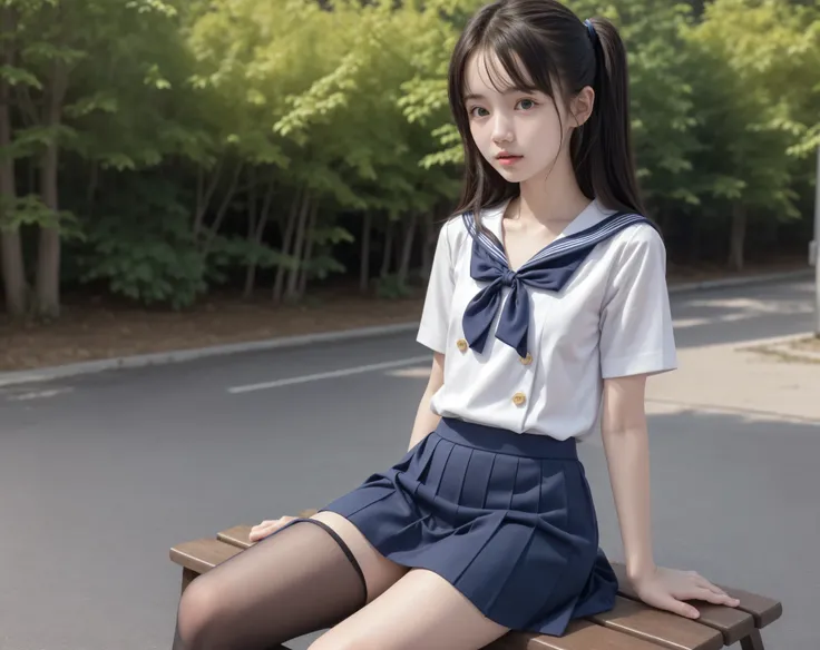 20 years old,cute girl,かわいいyounger女の子,slender,Skinny,short,skinny,slender body,Low body weight,younger,cute hairpins,sailor suit cosplay,Navy Blue Skirt,realistic,sitting on a park bench,Small breasted,japanese,Narrow Shoulder,black tights,dark hair