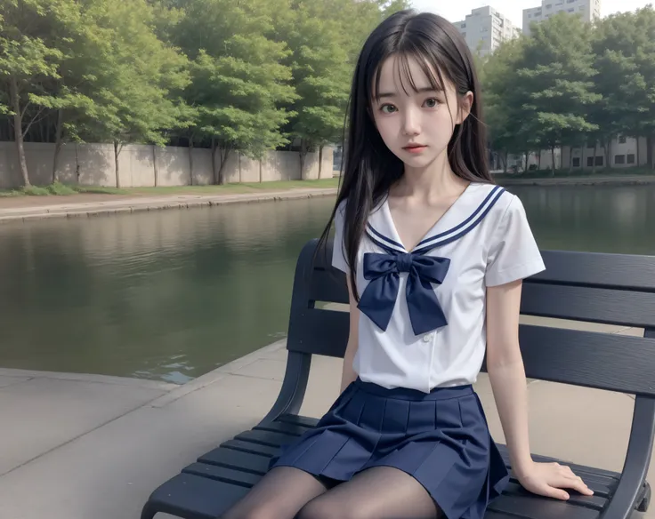 20 years old,cute girl,かわいいyounger女の子,slender,Skinny,short,skinny,slender body,Low body weight,younger,cute hairpins,sailor suit cosplay,Navy Blue Skirt,realistic,sitting on a park bench,Small breasted,japanese,Narrow Shoulder,black tights,dark hair