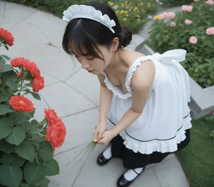 1 Girl、maids,Look at the audience,(skinny:0.43),(younger:0.02),from above,lean forward,is watering flowers outside the mansion,japanese,(Smile Yang with her hair wrapped around her neck:0.29),My left hand is touching my crotch