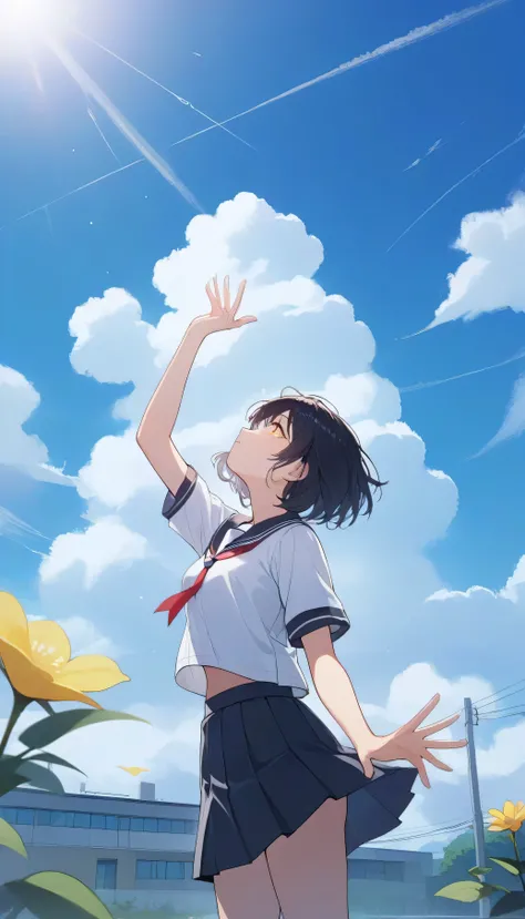 a landscape after the rain, outdoor, outside,look up at a clear sky,create a bright image that makes you feel a new beginning, black short hair, yellow eyes, summer, korean highschool uniform, One hand stretched out to the sky