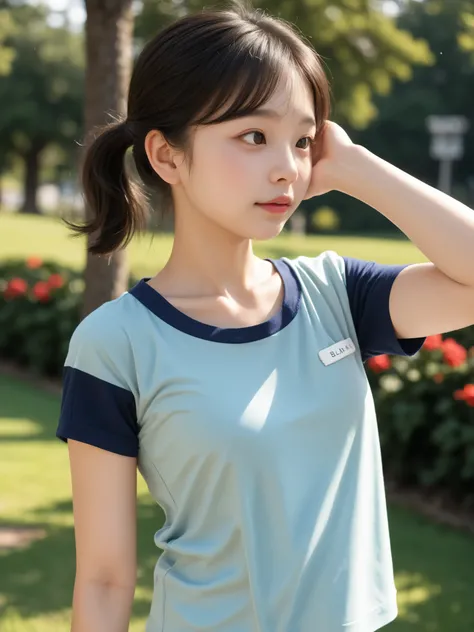 (skinny:0.15),Left Eyed、is wearing a long-sleeved t-shirt、I can see my armpit,(younger:0.95),Side view in the park、viewers are watching,(big boobs:0.79),japanese,(Smile Yang with her hair wrapped around her neck:0.25),(breastplate:1.5)