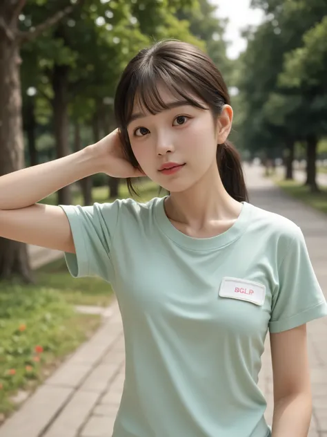 (skinny:0.15),Left Eyed、is wearing a long-sleeved t-shirt、I can see my armpit,(younger:0.95),Side view in the park、viewers are watching,(big boobs:0.79),japanese,(Smile Yang with her hair wrapped around her neck:0.25),(breastplate:1.5)