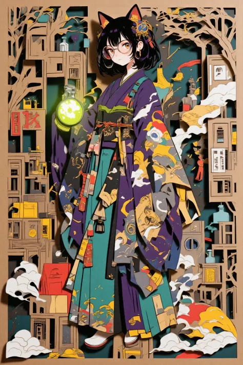 ((cartonnage The image is made on cardboard:1.5), masterpiece, best quality, bold crisp linework, high saturation, flat shapes, simplified geometry, halftone dots, minimal soft shading),  
a black-haired cat-eared girl with subtle purple highlights, wearin...