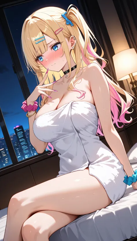 ShirakawaRuna, blonde hair, multicolored hair, bangs, one side up, long hair, blue eyes, hairclip, jewelry, sidelocks, earrings, ear piercing, stud earrings, black choker, bead bracelet, bangle, long fingernails, pink nails, nail art, large breasts, gyaru,...