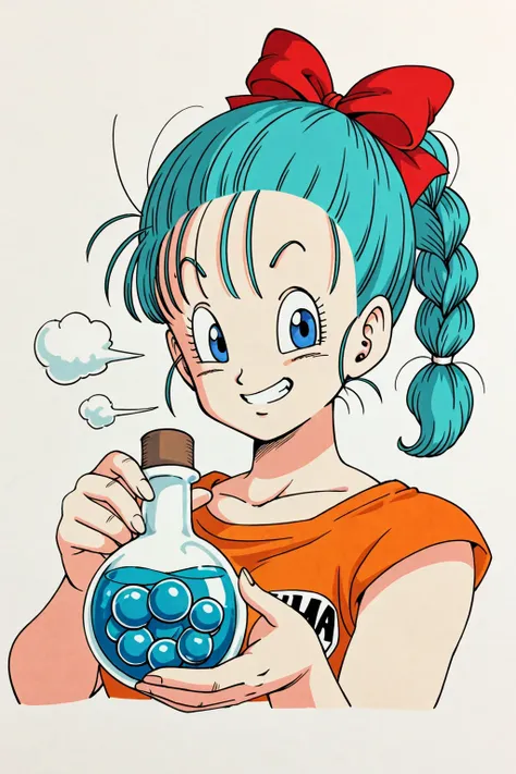 bulma, dragon ball \(classic\), blue eyes, hair pulled back, blowing　aqua hair, hair ribbon, braid, single braid,  holding potion bottles and capsules, confident grin, akiratoriyama
