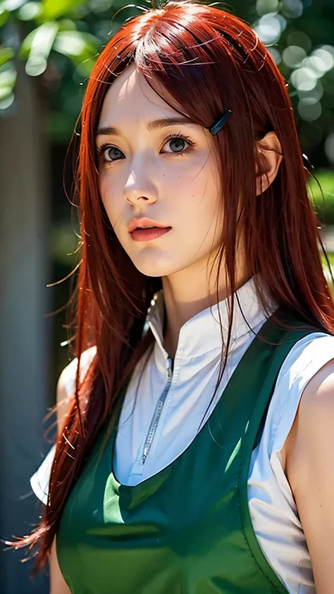 Uzumaki Kushina from Naruto Shippuden, half-body portrait, long bright red hair flowing naturally, warm and confident expression, wearing her classic Konoha outfit — a white blouse with a green apron-style dress, detailed facial features, realistic skin te...