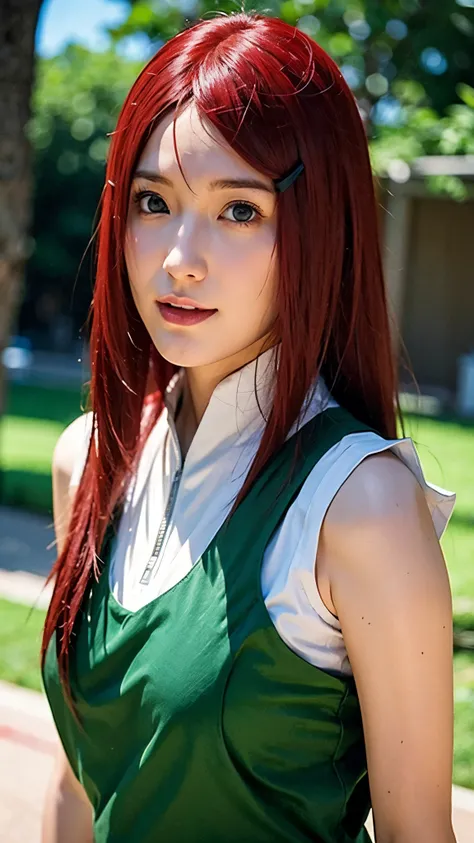 Uzumaki Kushina from Naruto Shippuden, half-body portrait, long bright red hair flowing naturally, warm and confident expression, wearing her classic Konoha outfit — a white blouse with a green apron-style dress, detailed facial features, realistic skin te...