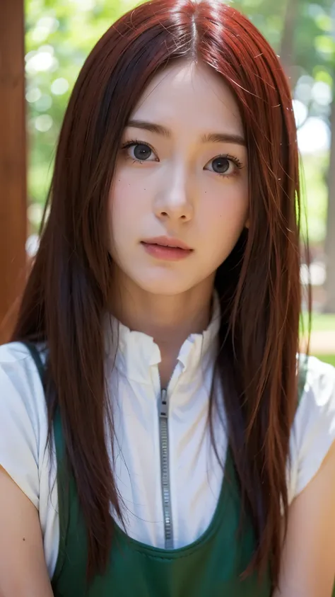 Uzumaki Kushina from Naruto Shippuden, half-body portrait, long bright red hair flowing naturally, warm and confident expression, wearing her classic Konoha outfit — a white blouse with a green apron-style dress, detailed facial features, realistic skin te...