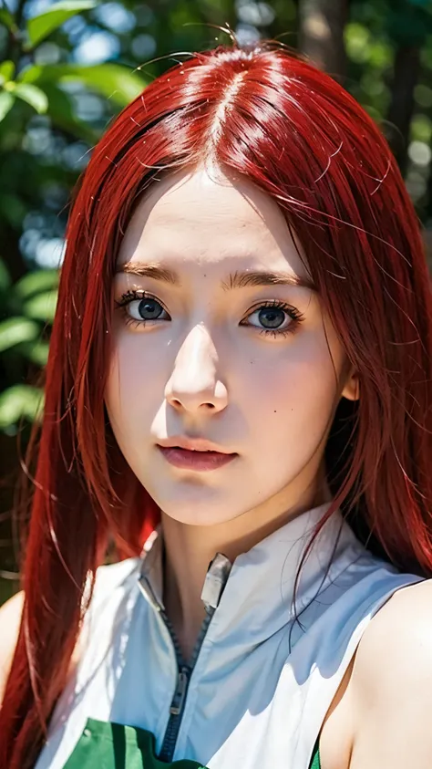 Uzumaki Kushina from Naruto Shippuden, half-body portrait, long bright red hair flowing naturally, warm and confident expression, wearing her classic Konoha outfit — a white blouse with a green apron-style dress, detailed facial features, realistic skin te...