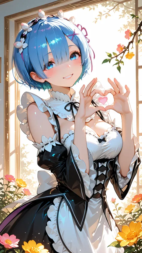 Rem, re zero, smile, fingers heart gesture, glow, morning, flower branch, colorful flowers, morning sun, maid, three-quarter shot