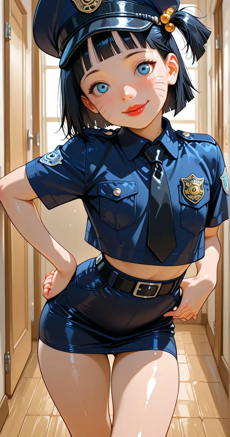 flat breasted、short black hair, blue eyes. one side up, Solo Girl, [Himawari Uzumaki . ((Junior elementary school)), cowboy shot, room, full face blush, Close your mouth, masterpiece、superior quality、無修正、low height. slight smile, red lipstick. flirty expre...