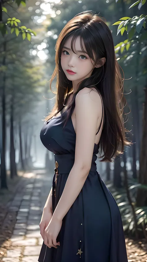1 girl, 19 years old, ((city in Vietnam)), dark brown hair, purple eyes, hair ornament, ((cowboy photo)), ((Woman walking slowly in a moonlit forest, light beams through trees, fog, she whispers into the night, emotional close-up, teary eyes, artistic cine...