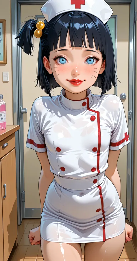 flat breasted、short black hair, blue eyes. one side up, Solo Girl, [Himawari Uzumaki . ((Junior elementary school)), cowboy shot, room, full face blush, Close your mouth, masterpiece、superior quality、無修正、low height. slight smile, red lipstick. flirty expre...