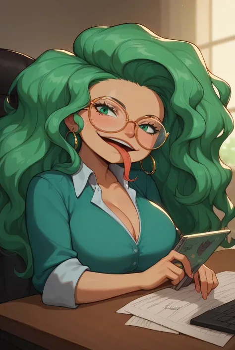 score_9 , score_8_up , score_7_up , masterpiece , best quality , highly detailed, BoaSandersoniaOP, 1girl, solo, tall woman, disproportionately large head, wide head, green hair, long hair, wavy hair, green eyes, wide mouth, long forked tongue, tongue out,...