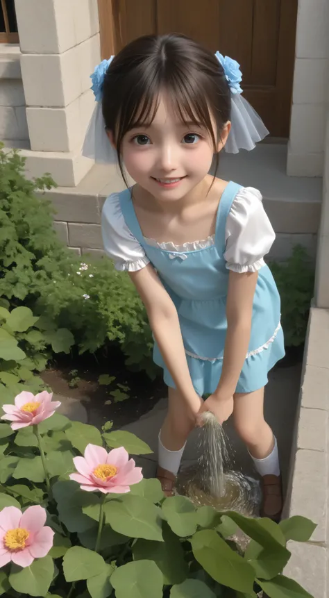 1 Girl、maids,Look at the audience,(skinny:0.30),(younger:1.24),from above,lean forward,is watering flowers outside the mansion,japanese,(Smile Yang with her hair wrapped around her neck:0.92),My left hand is touching my crotch