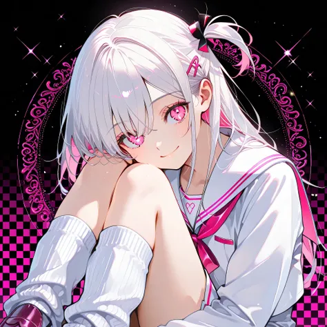 （Highest Quality、greatest masterpiece、BEST DETAILS）、Pachislot、gaming LED、Left Eye Pink Neon Color、Right eye cyan neon color、White Sailor Suit、loose socks、pink loafers、white-haired、Pachislotのレバーが七色に光っている、Lens flare、cute checkered background、he's closing his...