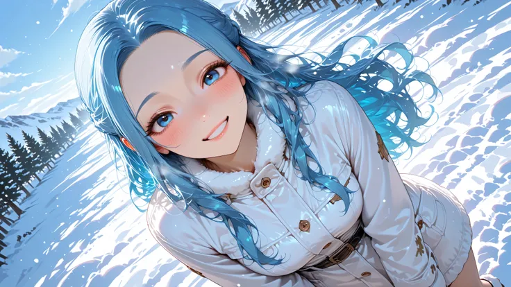 Nefertari vivi, dynamic angle, off-centered, artistic, snowy landscape, winter outfit, smile, blush, happy,