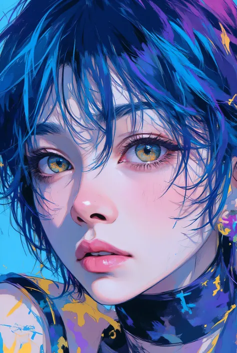 gothic punk、Highest Quality、Rebel、Japanese edits Vivien Tam photos [Woman] 、WITH VERY EYES of navy color with blue hair ,  yellow and purple and blue tattoos 、[yellow and purple and blue] , close-up, anime style, Expressive Texture, photorealistic techniqu...