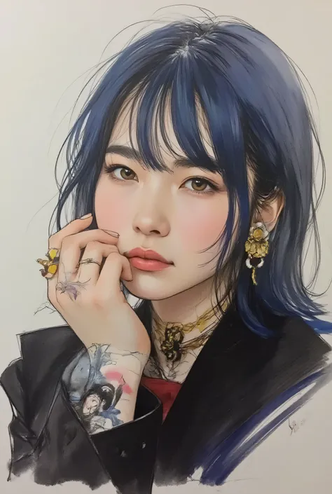 gothic punk、Highest Quality、Rebel、Japanese edits Vivien Tam photos [Woman] 、WITH VERY EYES of navy color with blue hair ,  yellow and purple and blue tattoos 、[yellow and purple and blue] , Expressive Texture, photorealistic techniques,  vibrant and colorf...