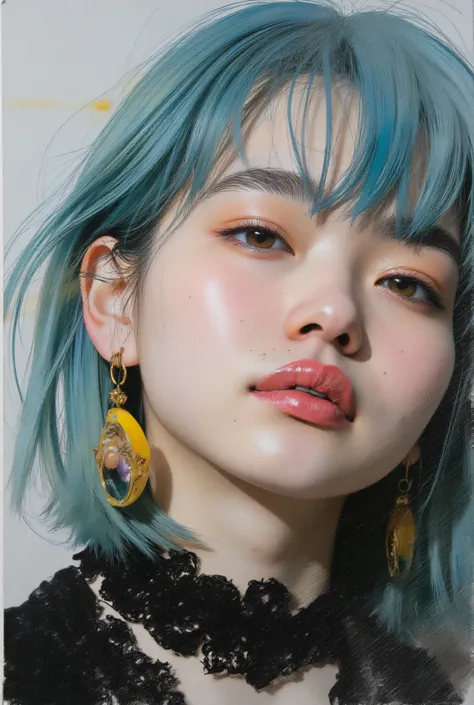 gothic punk、Highest Quality、Rebel、Japanese edits Vivien Tam photos [Woman] 、((Smile Yan))、WITH VERY EYES of navy color with blue hair ,  yellow and purple and blue tattoos 、[yellow and purple and blue] , Expressive Texture, photorealistic techniques,  vibr...
