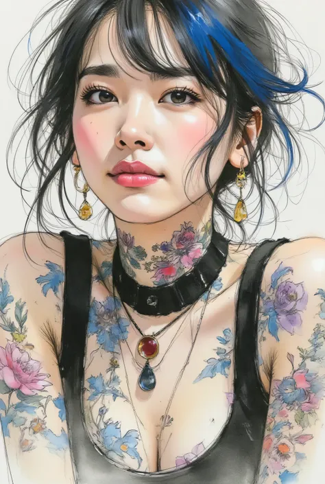 gothic punk、Highest Quality、Rebel、Japanese edits Vivien Tam photos [Woman] 、((Smile Yan))、WITH VERY EYES of navy color with blue hair ,  yellow and purple and blue tattoos 、[yellow and purple and blue] , Expressive Texture, photorealistic techniques,  vibr...