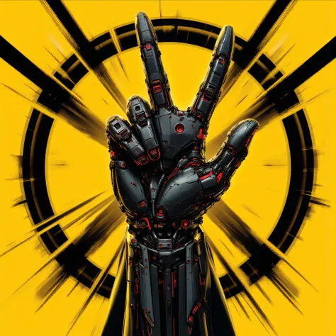 Logo. minimalism. an iron cybernetic black hand with red elements shows a rock gesture. a yellow background with black stripes