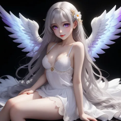 ((Top quality, 8K, best quality, masterpiece, ultra realistic)), ((Beautiful angel with odd eyes)), ((Heterochromia, golden eyes, silver eyes)), ((Sparkling and detailed eyes)), (Very precise eyes), (Long hair with a mixture of platinum and purple), Prince...