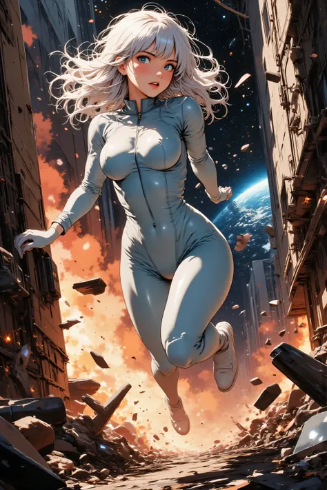 masterpiece,best quality,2D anime style,anime artwork,retro anime,gritty cyberpunk,cinematic sci-fi action. Full body shot,dynamic dutch angle,ample space,no cropping.
She twists mid-leap through a collapsing corridor,pushing off a disintegrating wall. Bo...