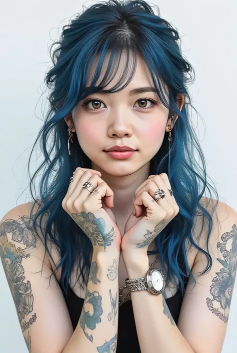 gothic punk、Highest Quality、Rebel、Japanese edits Vivien Tam photos [Woman] 、((Smile Yan))、WITH VERY EYES of navy color with blue hair ,  yellow and purple and blue tattoos 、[yellow and purple and blue] , Expressive Texture, photorealistic techniques,  vibr...