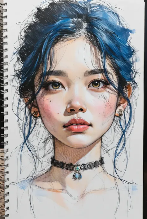 gothic punk、Highest Quality、Rebel、Japanese edits Vivien Tam photos [Woman] 、((Smile Yan))、WITH VERY EYES of navy color with blue hair ,  yellow and purple and blue tattoos 、[yellow and purple and blue] , Expressive Texture, photorealistic techniques,  vibr...