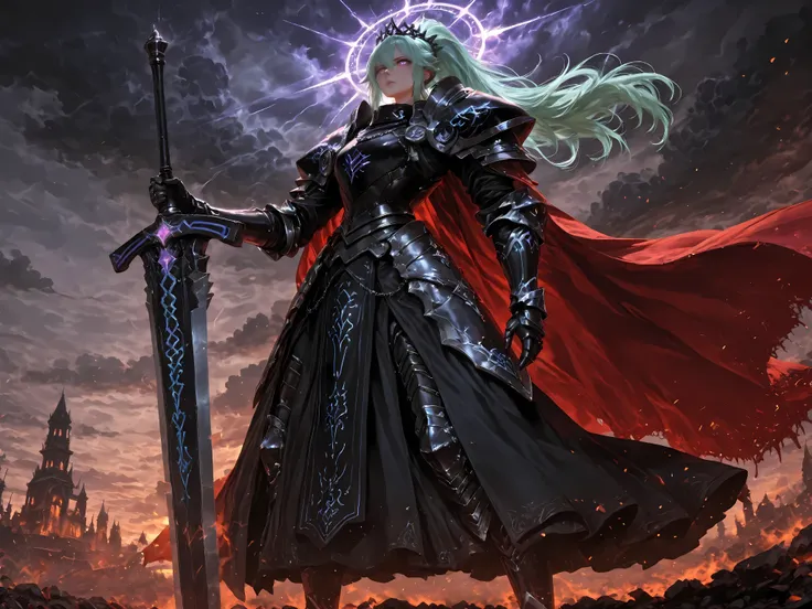 Black Knight armour, (masterpiece, best quality, ultra-detailed, hyperrealistic lighting, mythological atmosphere, religious painting style, cinematic composition, low angle view),
a majestic female knight standing amidst a silent battlefield, her long gre...