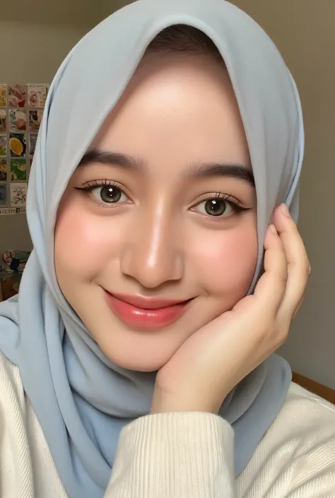 A close-up photo of NadiaAulia with soft pale blue hijab. She is looking at the viewer with bright and loving eyes, genuie grin with her teeth. She is leaning forwardal. Wear gamis, very detailed. She is wearing a perfect white soft sweater in beige room w...